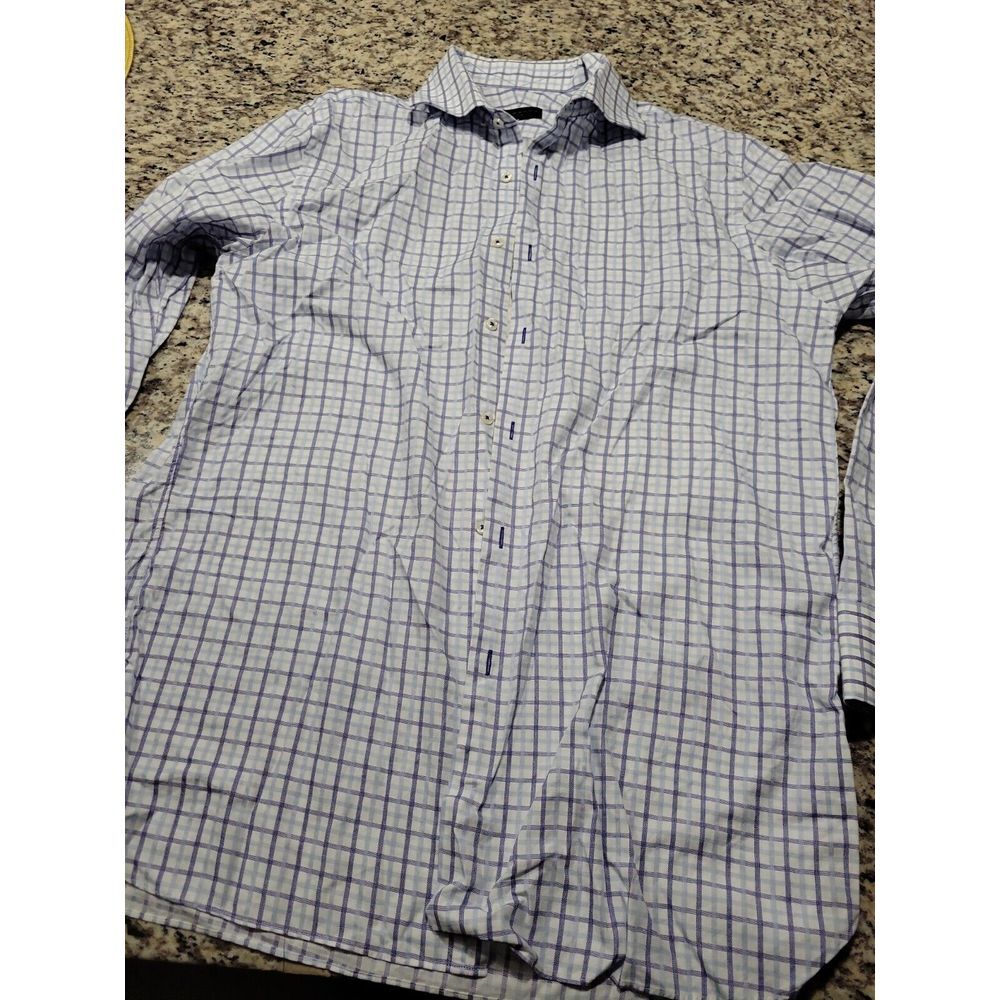 Ike Behar Men's Sz 16‎ Shirt Blue White checked Plaid Long Sleeve Button Up